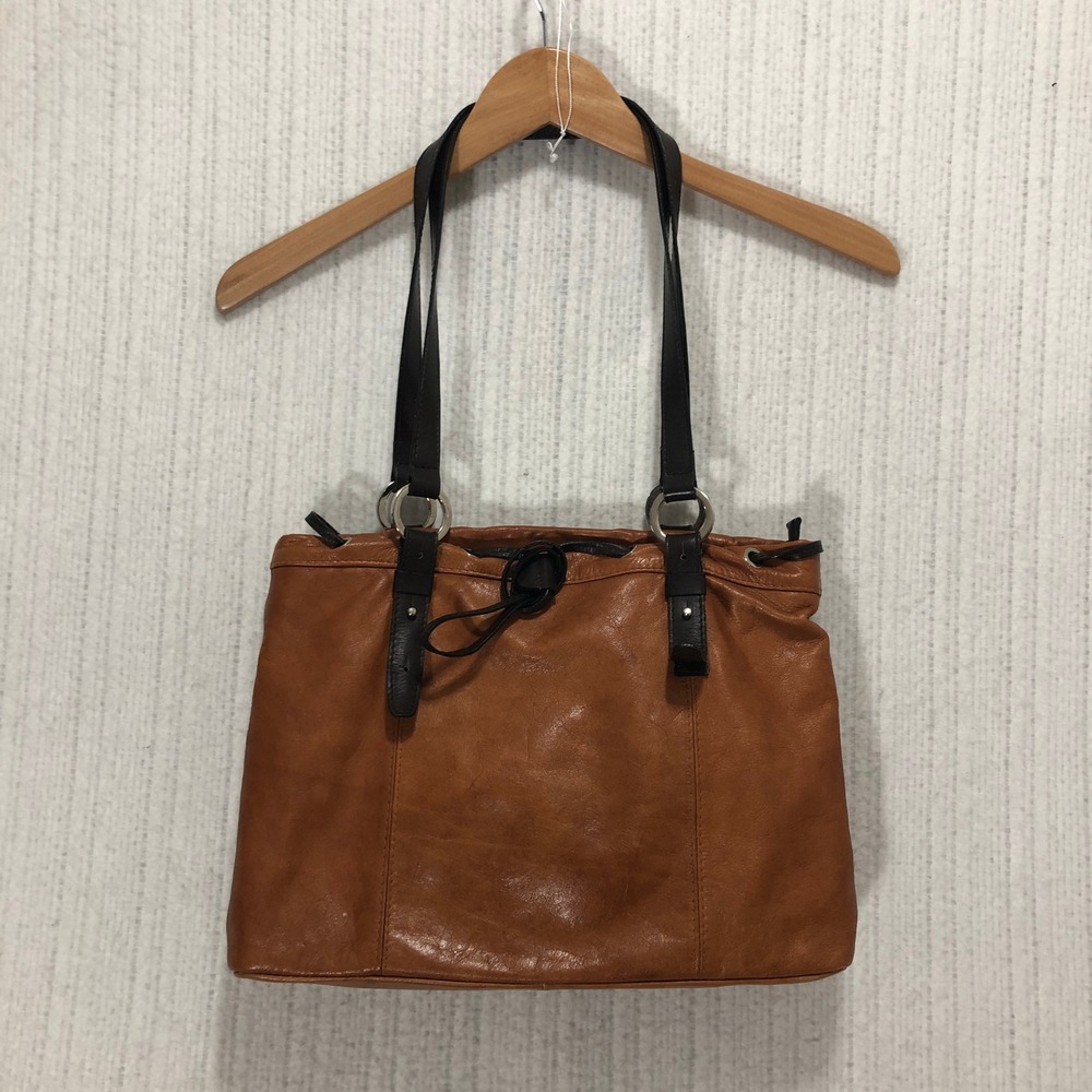 Vintage Italian Leather Tote Bag Cognac Brown Drawstring Purse Made in Italy